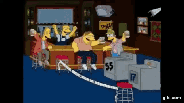 a group of cartoon characters sitting at a bar with a sign that says duff on it
