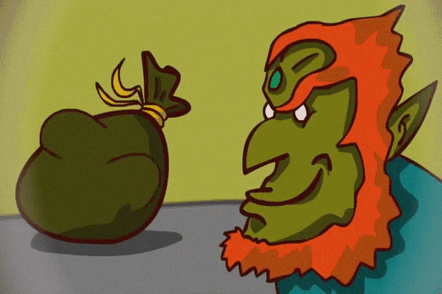 a cartoon drawing of a monster with a bag of money in the background