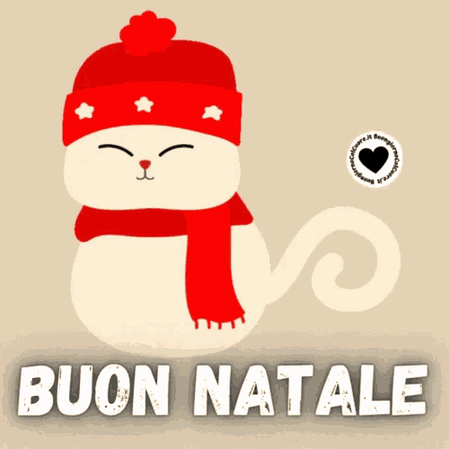 an illustration of a cat wearing a red hat and scarf with the words buon natale below it