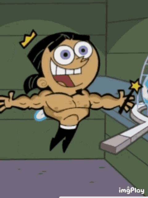 a cartoon character with a crown on his head is holding a wand