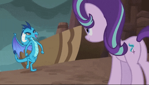a blue dragon and a purple pony are standing next to each other in a cartoon scene