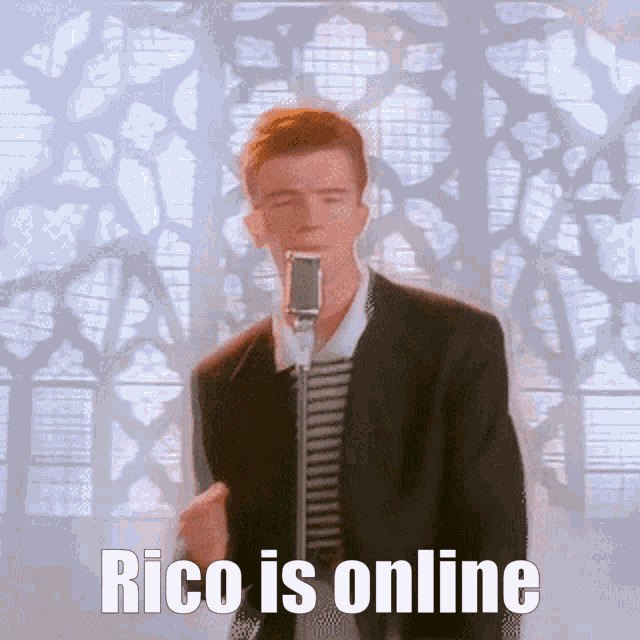 a man singing into a microphone with the words rico is online written below him