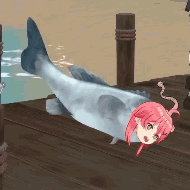 a girl with pink hair is laying on a dock with a shark tail