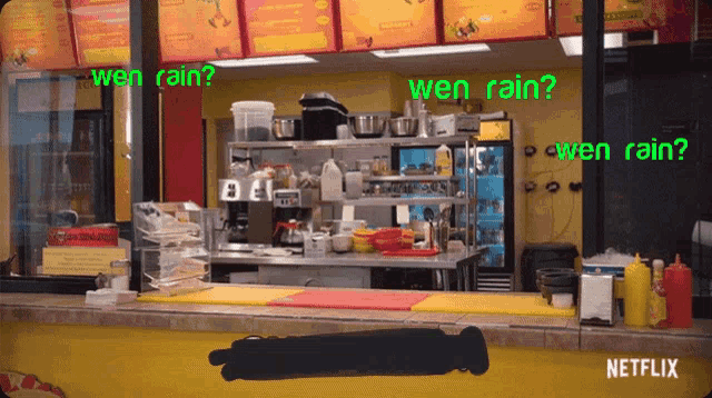 a netflix ad shows the inside of a restaurant with the question wen rain