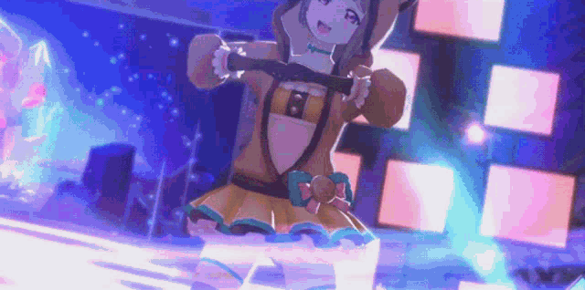 a girl in a dress is riding a scooter on a stage in a video game .