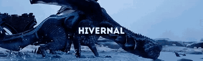 a dragon is laying in the snow with the word hivernal written above it .