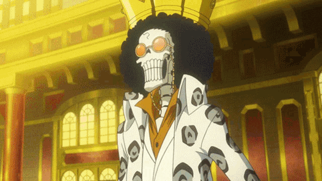 a skeleton with a crown on his head is standing in a room