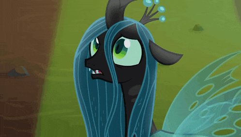 a cartoon drawing of a pony with long blue hair and wings