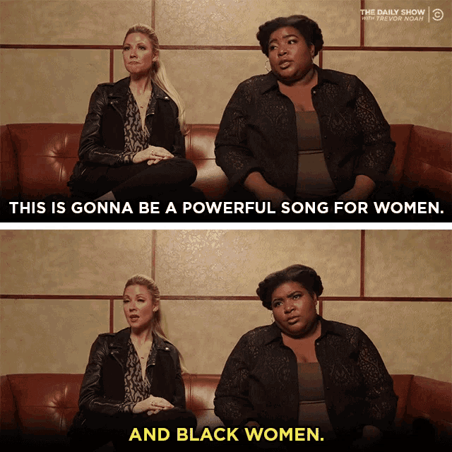 two women are sitting on a couch and one of them says this is gonna be a powerful song for women