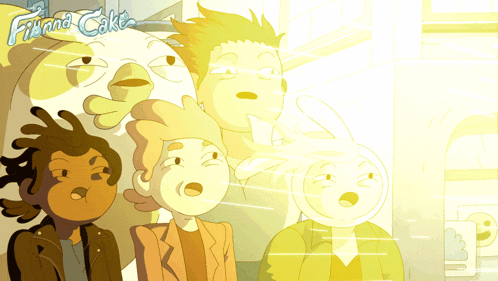 a group of cartoon characters with finn and cake written on the bottom right