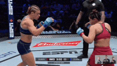 two women are fighting in a ring with a budweiser ad behind them