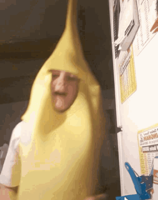 a man in a banana costume stands in front of a refrigerator with a calendar on it