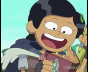 a cartoon girl is smiling and holding a book .
