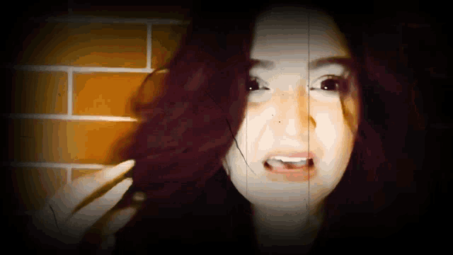 a woman 's face is shown with a brick wall in the background