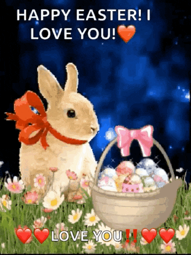 a happy easter greeting card with a rabbit and a basket of eggs