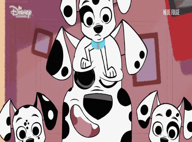 a dalmatian dog is standing next to two other dalmatian dogs on a disney channel advertisement