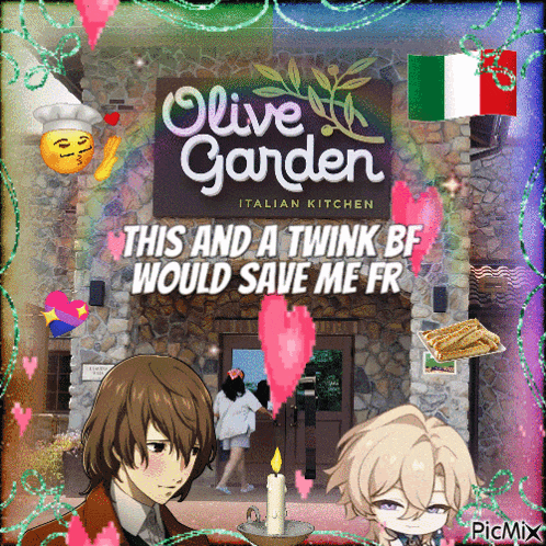 a sign for olive garden italian kitchen with two anime characters in front