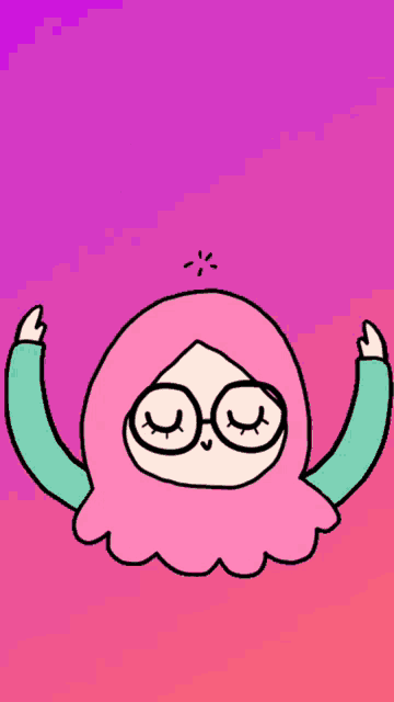 a cartoon of a girl with glasses and a pink hijab with a heart above her head