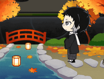 a cartoon character is standing next to a river with lanterns in it