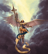 a painting of an angel with wings holding a sword and shield