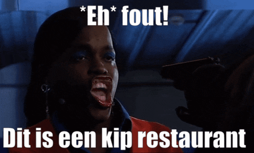 a picture of a woman holding a gun with the caption " eh fout dit is een kip restaurant "