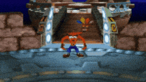 a crash bandicoot video game character is standing in front of a staircase