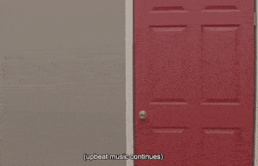 a woman in a purple jacket and black skirt is standing in front of a red door