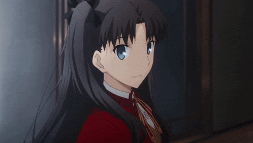 a girl with long black hair and blue eyes is wearing a red dress