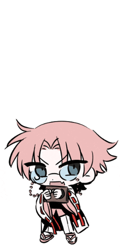 a drawing of a girl with pink hair holding a box with the letter c on it