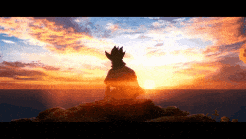 a silhouette of a person sitting on a rock in front of a sunset over the ocean