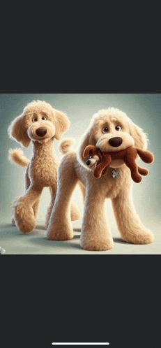 two stuffed dogs are standing next to each other one is holding a stuffed animal