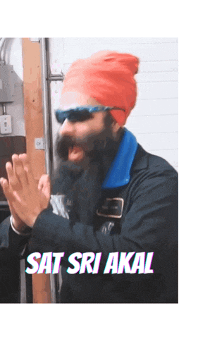a man with a beard wearing sunglasses and a red hat with the words sat sri akal below him