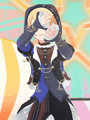 a cartoon character covering his face with his hands in front of a rainbow background