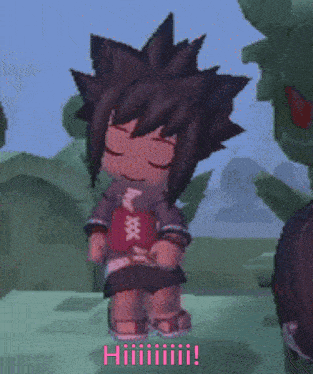 a cartoon character is standing in a field and says hi
