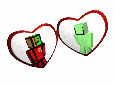two hearts with a red and green minecraft character on them