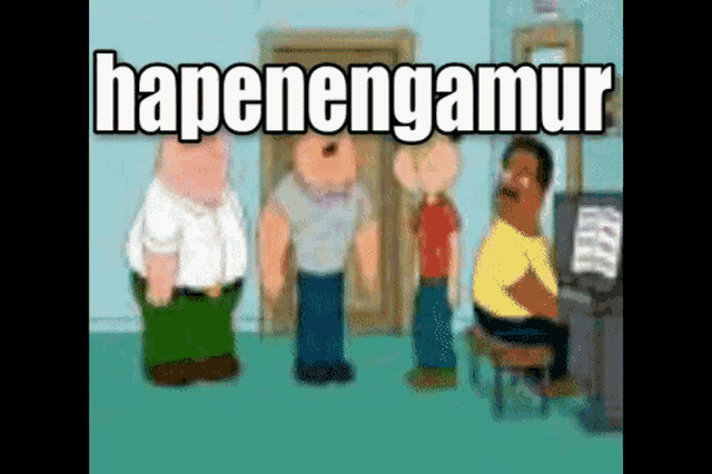 a group of cartoon characters are standing next to each other with the words hapenengamur written on the bottom