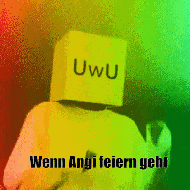 a person with a box on their head that says uwu on it