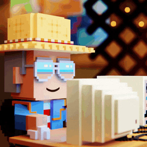 a pixel art of a man wearing a hat and sunglasses sitting in front of a computer