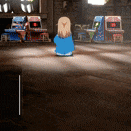 a girl in a blue shirt is standing in front of a row of arcade machines