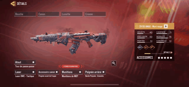 a screenshot of a video game shows a rifle with a red and black design