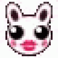 a pixel art of a rabbit 's face with red lips and big eyes .