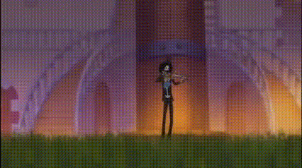 a man is standing in the grass playing a violin in front of a building .