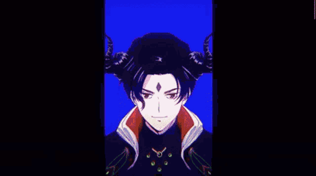 a man with horns is standing in front of a pink background and a black background .