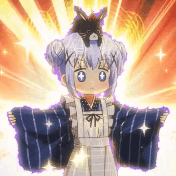 a girl with a cat on her head is wearing a blue and white kimono
