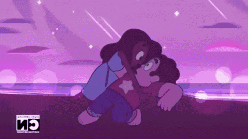 a couple of cartoon characters are hugging each other .