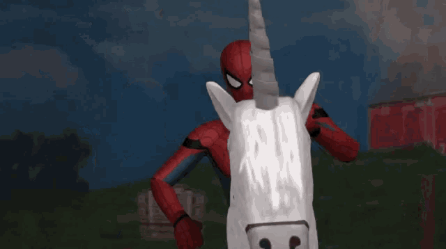 a cartoon of spider-man riding a unicorn