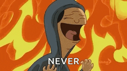 a cartoon character is laughing in front of a fire background .
