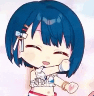 a close up of a cartoon girl with blue hair wearing a bikini top .
