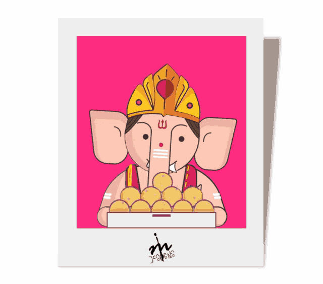 a cartoon drawing of a deity holding a tray of food with jm designs written on the bottom right