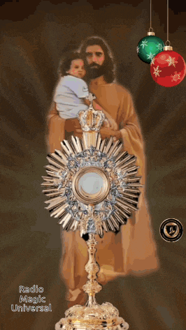 a picture of jesus holding a child with the words radio magic universal on the bottom right